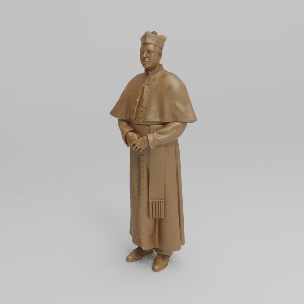 Unpainted terracotta-colored 3D printed miniature of a priest in traditional vestments for dioramas and modeling.