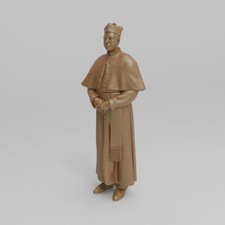 Unpainted terracotta-colored 3D printed miniature of a priest in traditional vestments for dioramas and modeling.