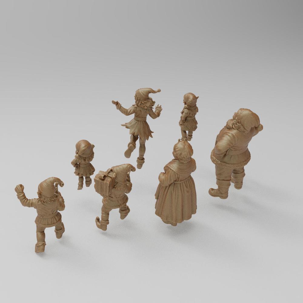 Unpainted 3D printed resin miniature set of Santa Claus and his festive elves for dioramas and model railways.