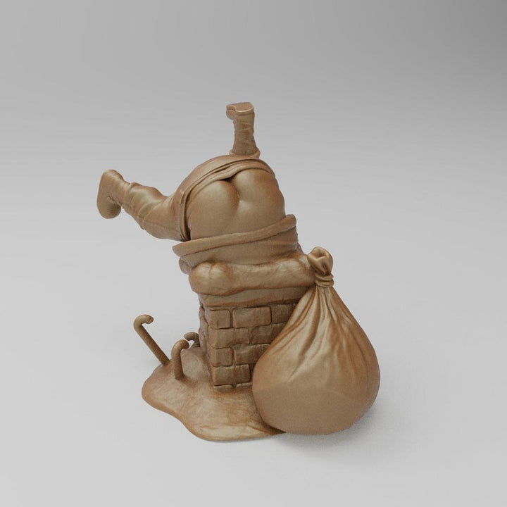 Unpainted terracotta-colored 3D resin model of Santa Claus stuck upside down in a brick chimney with a gift sack.