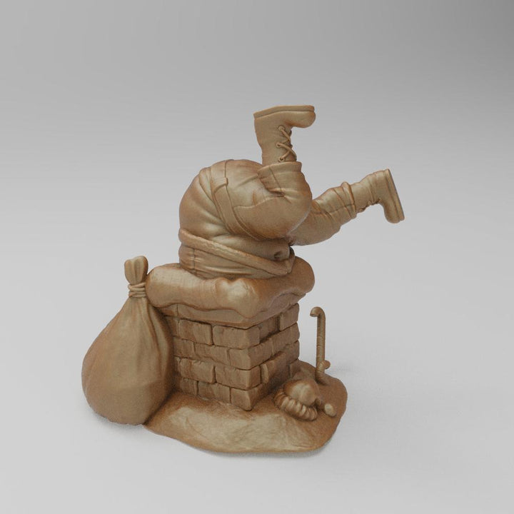 Unpainted 3D printed resin model of Santa Claus stuck in a brick chimney with a gift sack, in terracotta clay color.