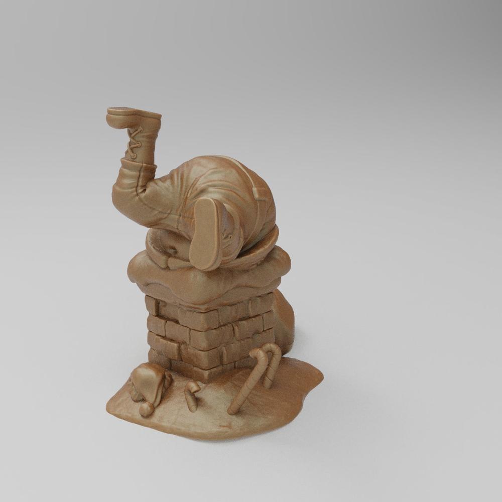 Unpainted terracotta resin 3D model of Santa Claus stuck upside down in a brick chimney for diorama building.