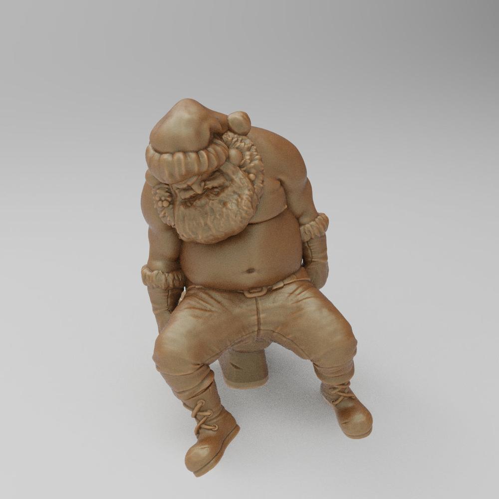 Unpainted 3D printed resin miniature of a drunk Santa Claus sitting on a toilet, detailed terracotta-colored figure.