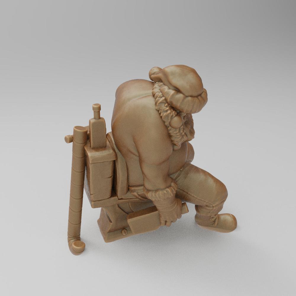 Unpainted terracotta resin miniature of a drunk Santa Claus sitting on a toilet, 3D printed diorama figure.