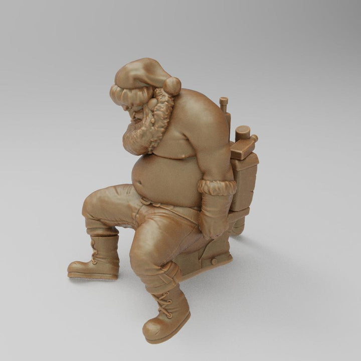 Unpainted terracotta resin miniature of a drunk Santa Claus sitting on a toilet, 3D printed diorama figure.