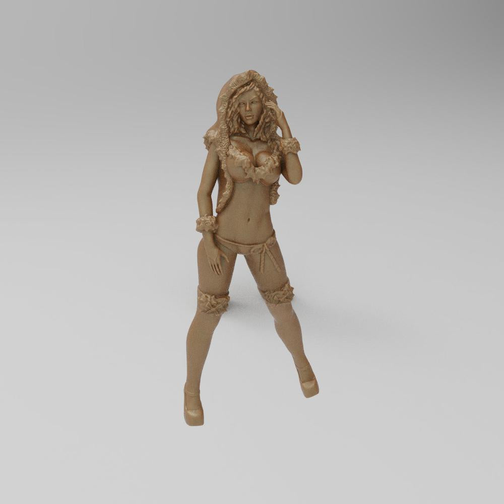 Unpainted terracotta resin 3D model of a female Santa's helper figure wearing a fur-trimmed hooded outfit.