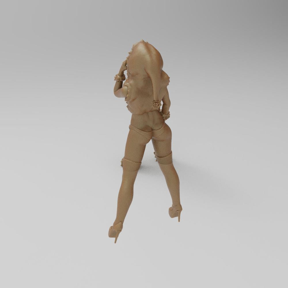 Unpainted 3D printed resin miniature of a Santa’s helper figure in a festive outfit and high heels.