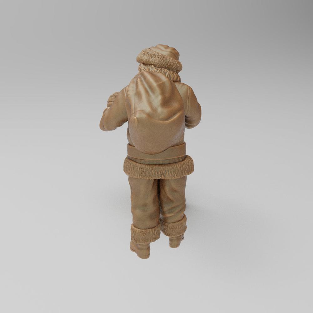 Unpainted terracotta-colored 3D resin scale model of Santa Claus carrying a large sack on his back.