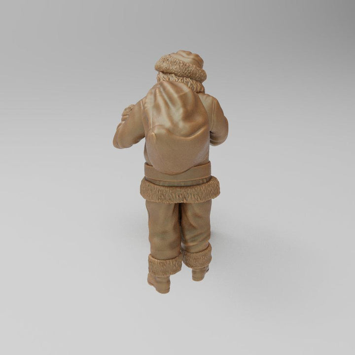 Unpainted terracotta-colored 3D resin scale model of Santa Claus carrying a large sack on his back.
