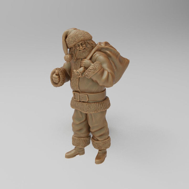 Unpainted 3D printed resin miniature of Santa Claus carrying a sack over his shoulder, in a terracotta clay finish.
