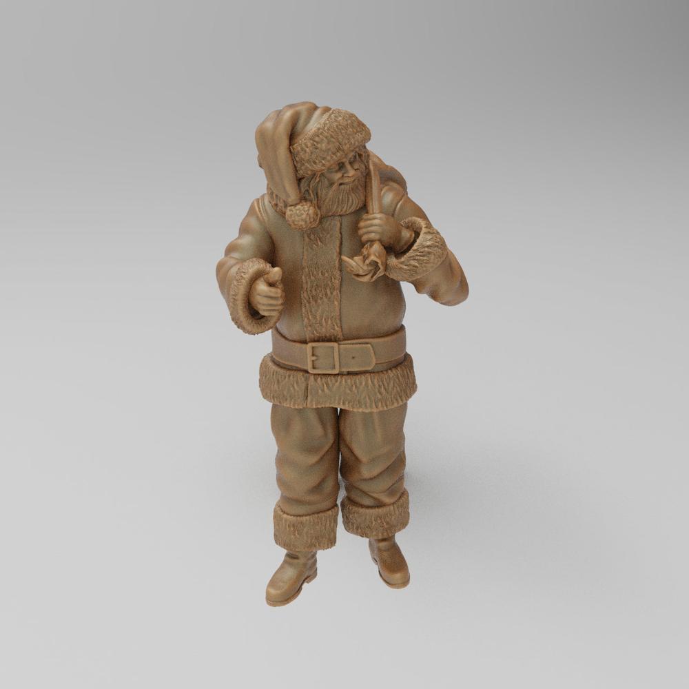 Unpainted terracotta-colored 3D resin miniature of Santa Claus carrying a sack, detailed scale model for dioramas.