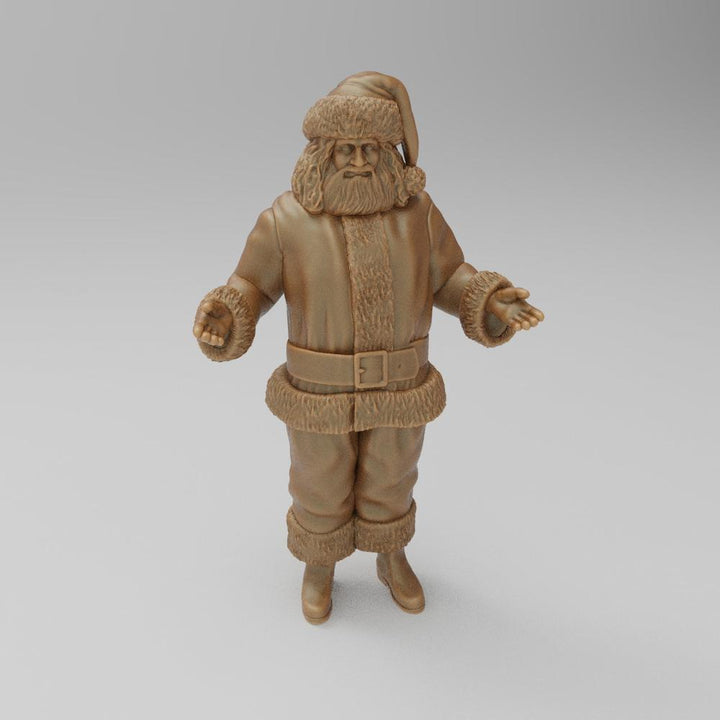 Unpainted 3D printed resin miniature of Santa Claus with open arms, featuring detailed fur-trimmed suit and hat.
