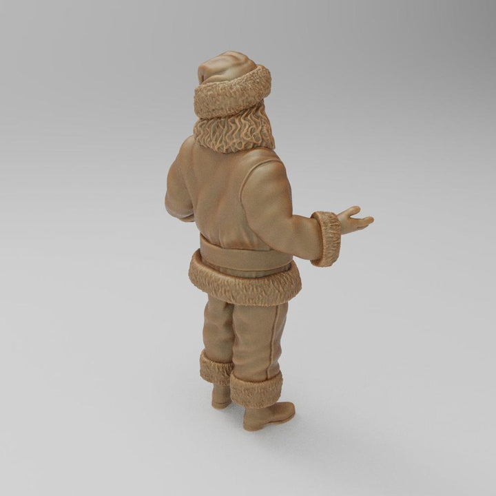 Unpainted 3D printed resin model of Santa Claus with open arms, featuring detailed fur-trimmed clothing and hat.