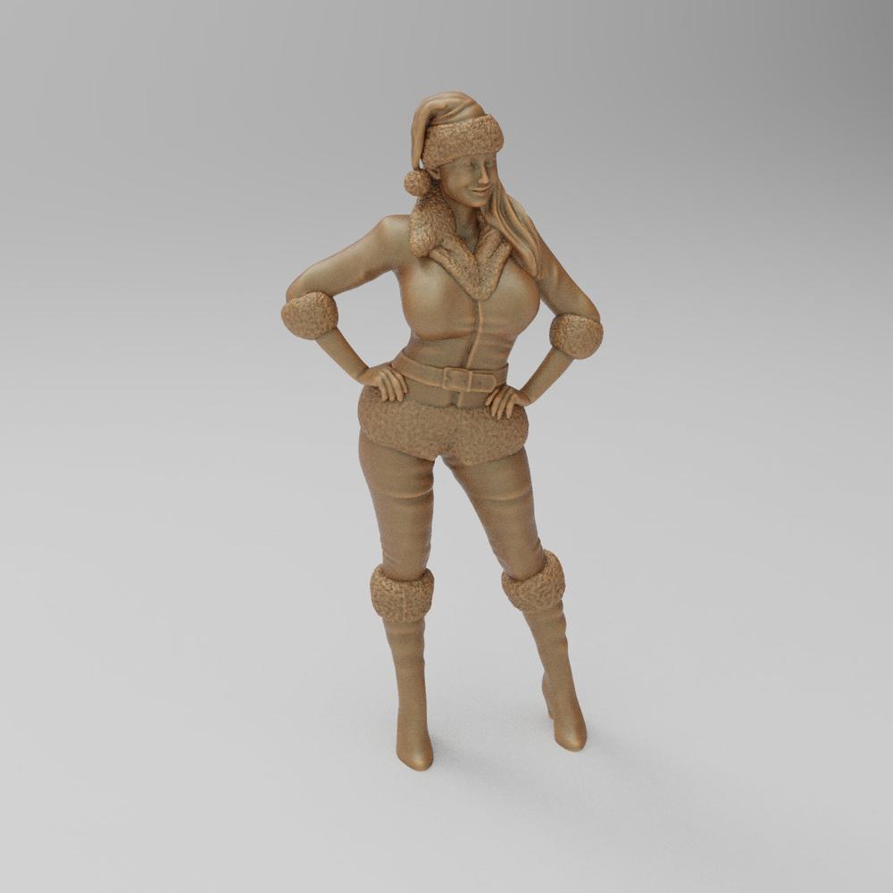Unpainted 3D printed resin miniature of a woman in a Santa outfit with fur-trimmed hat, jacket, and boots.
