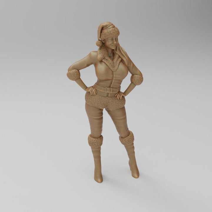 Unpainted 3D printed resin miniature of a woman in a Santa outfit with fur-trimmed hat, jacket, and boots.