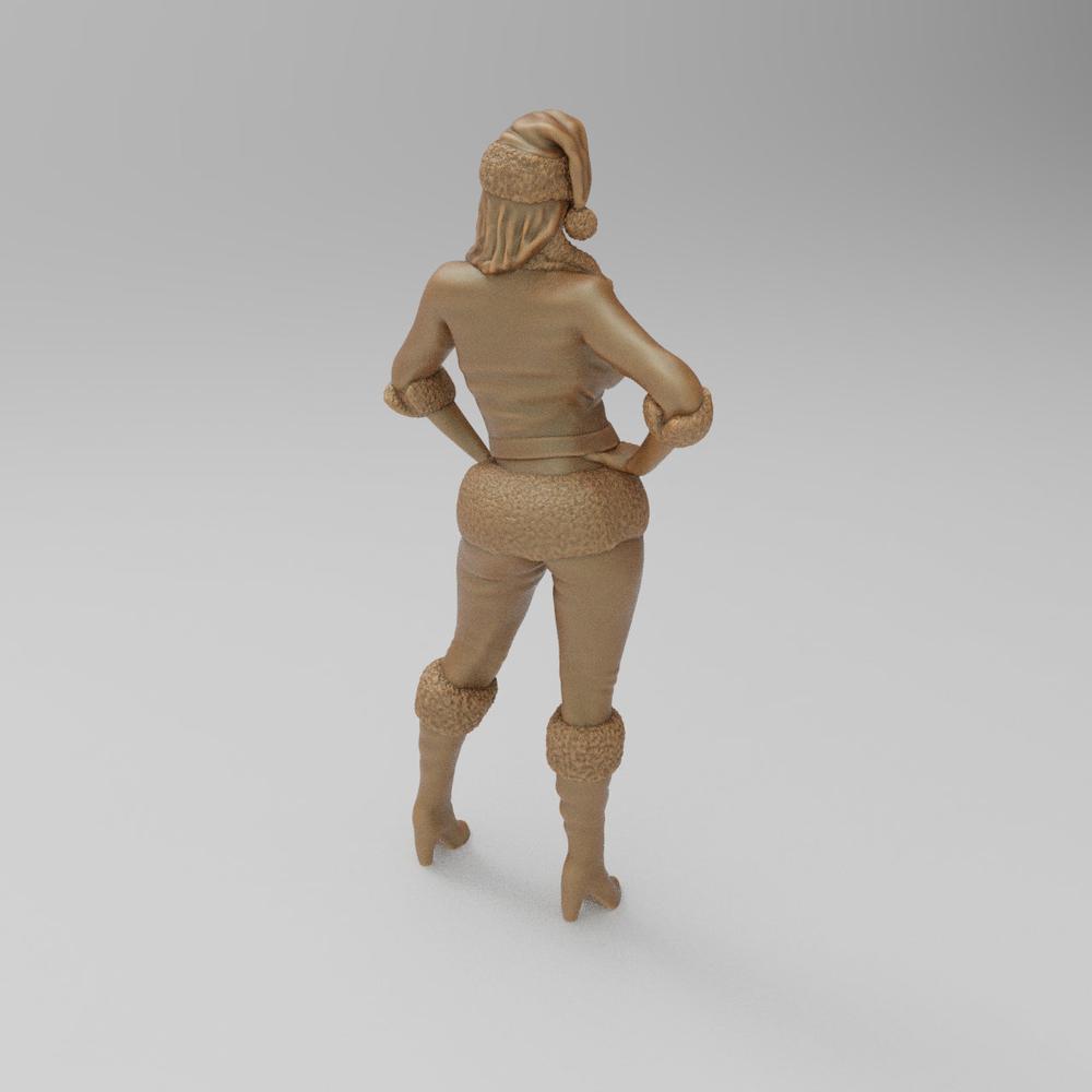 Unpainted 3D printed resin miniature of a Santa's helper in a festive outfit, shown from behind on a grey background.