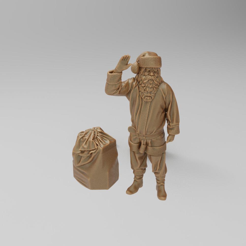 Unpainted terracotta-colored 3D resin miniature of Santa Claus waving next to a large gift sack for dioramas.