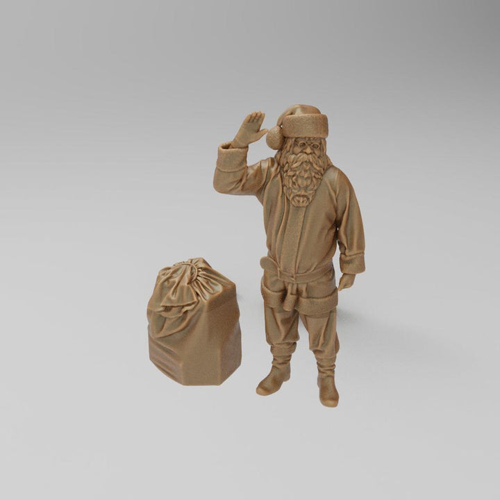 Unpainted terracotta-colored 3D resin miniature of Santa Claus waving next to a large gift sack for dioramas.