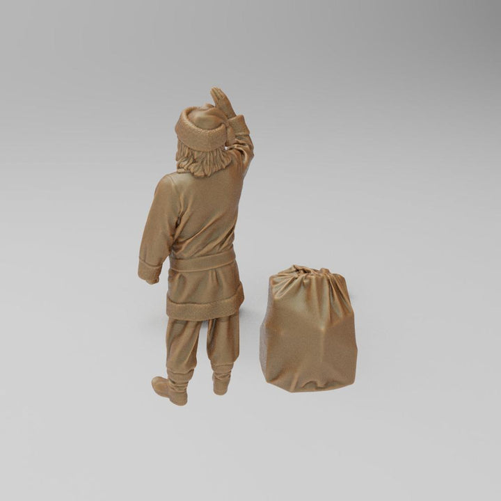 Unpainted 3D printed resin miniature of Santa Claus standing with a gift bag, detailed hobbyist diorama figure.