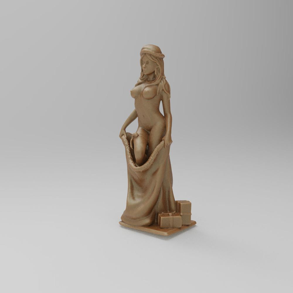Unpainted terracotta resin 3D model of a girl in a Santa hat holding a sack with gift boxes at her feet.