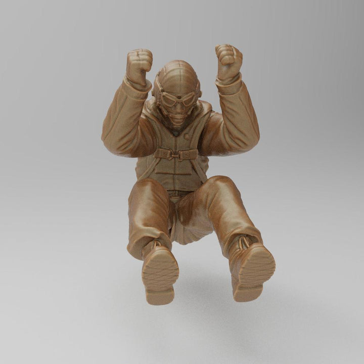 Unpainted terracotta-colored 3D printed resin model of a WW2 bomber ball gunner in flight gear.