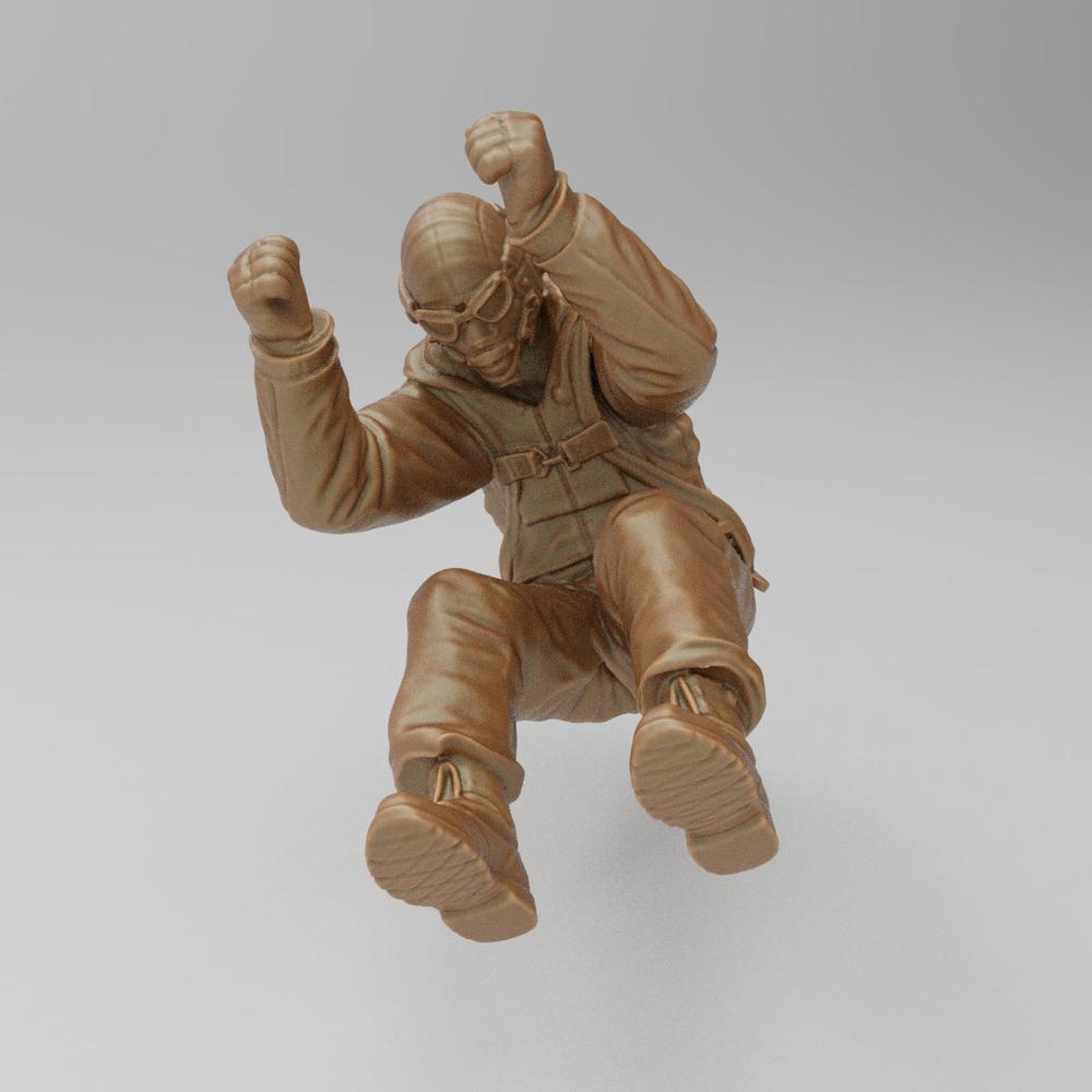 Unpainted 3D printed resin miniature of a US WW2 bomber ball gunner in a seated, action-ready pose.