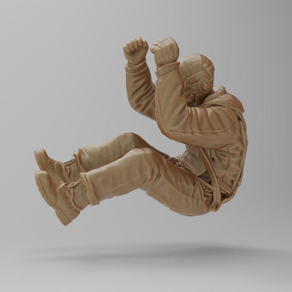 Unpainted terracotta resin 3D model of a WW2 US bomber ball gunner in a seated, hands-up operating position.