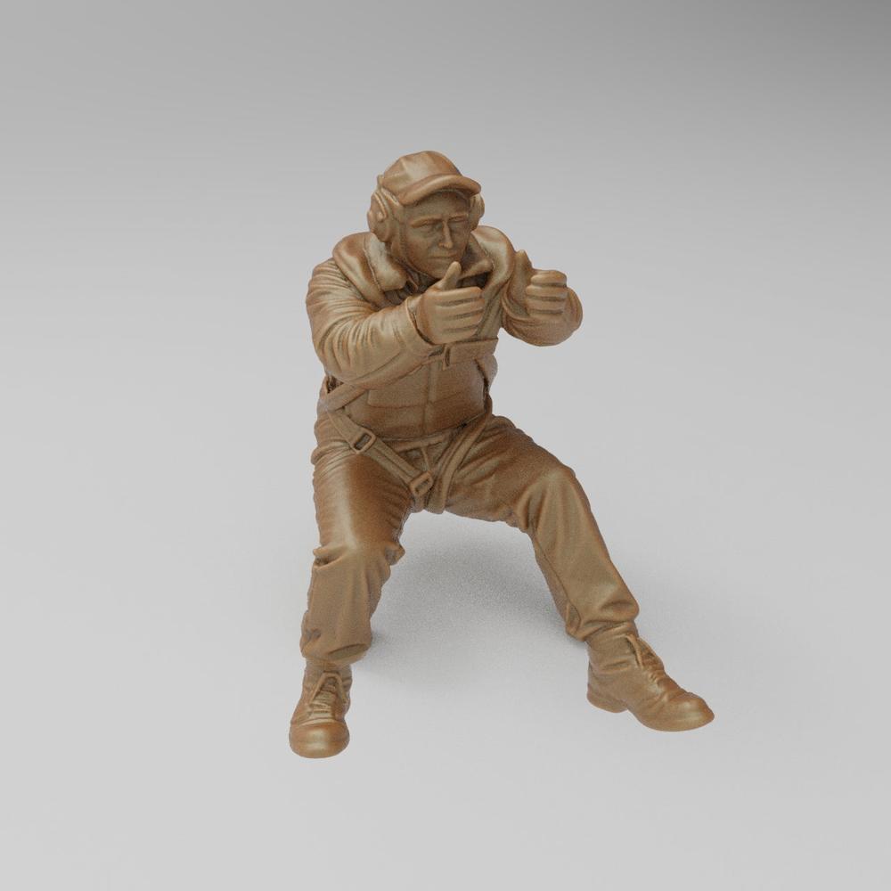 Unpainted terracotta resin 3D model of a WW2 US bomber waist gunner in a seated firing pose.