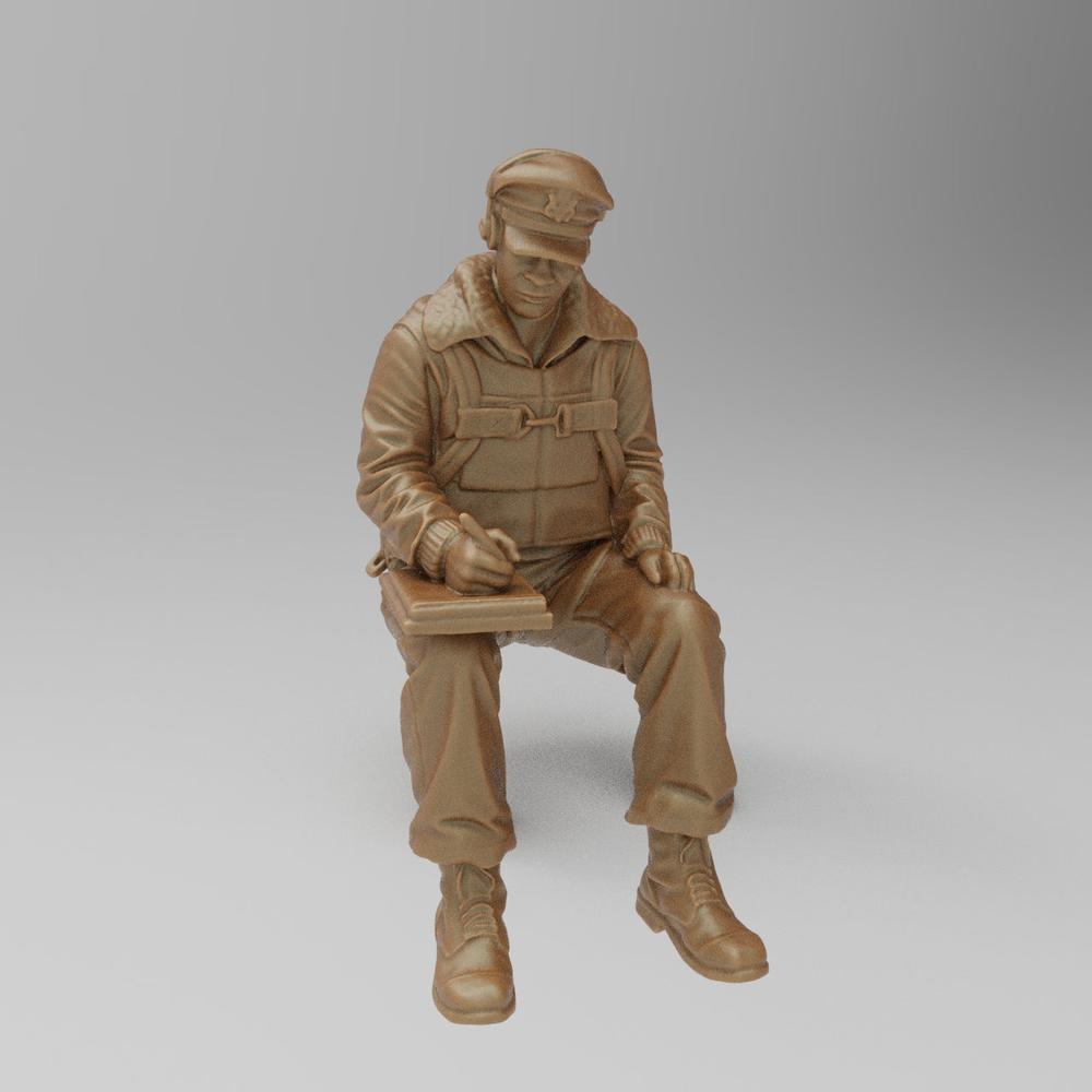 Unpainted 3D printed resin miniature of a seated WW2 bomber navigator in uniform, holding a clipboard and pen.