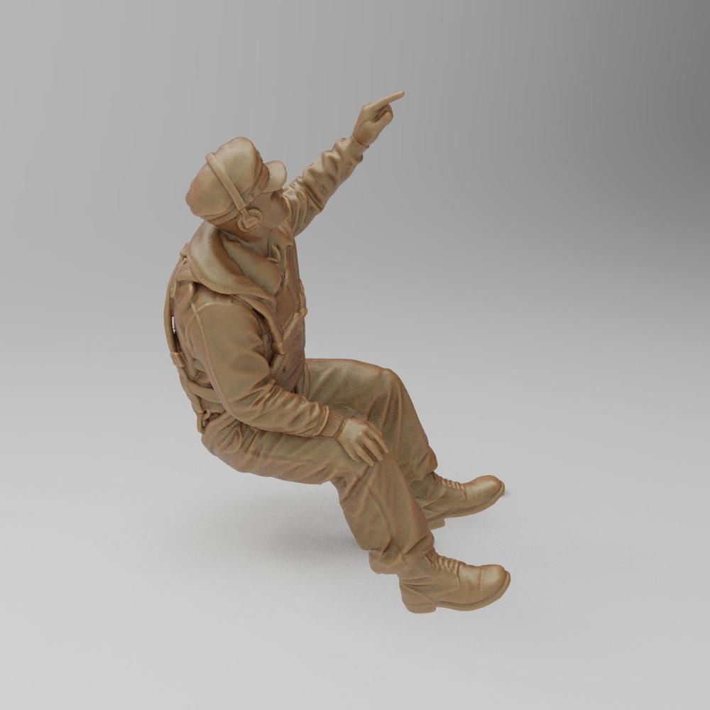 Unpainted 3D printed resin miniature of a seated WW2 co-pilot in flight gear pointing upward, terracotta color.