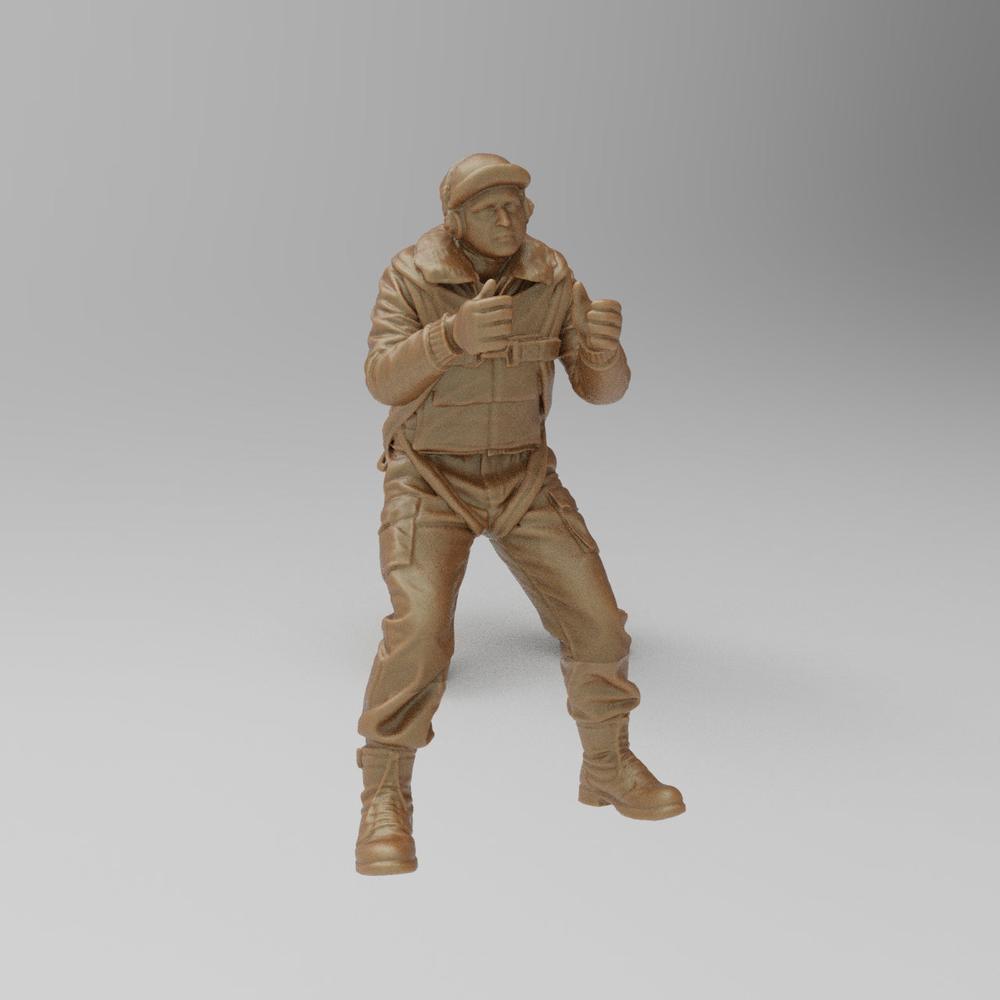 Unpainted terracotta-colored 3D printed resin model of a US WW2 bomber waist gunner in flight gear.