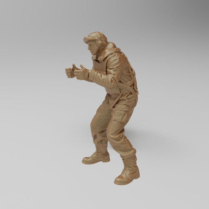 Unpainted terracotta resin 3D model of a WW2 bomber waist gunner in flight gear, posed as if operating a machine gun.