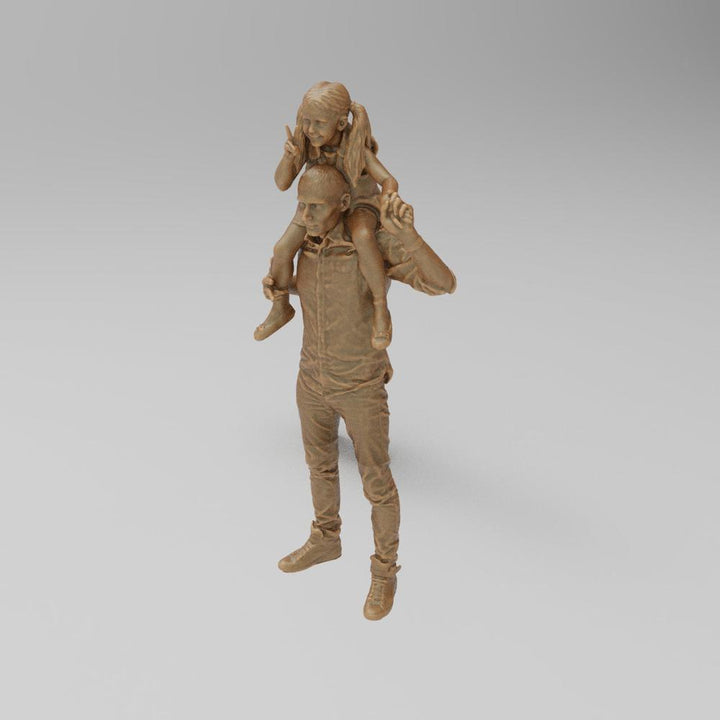 Unpainted terracotta-colored 3D printed miniature of a father carrying his young daughter on his shoulders.