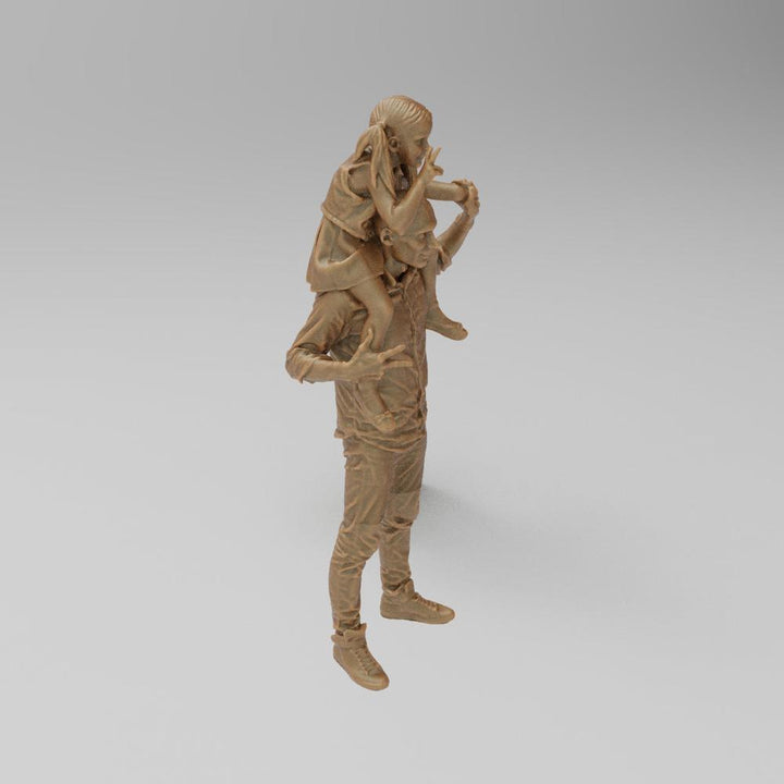 Unpainted 3D printed resin miniature of a father carrying his young daughter on his shoulders, tan clay color.