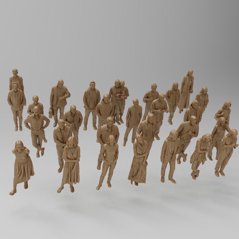 Set of 30 unpainted terracotta-colored 3D printed miniature standing passengers for model railway dioramas.