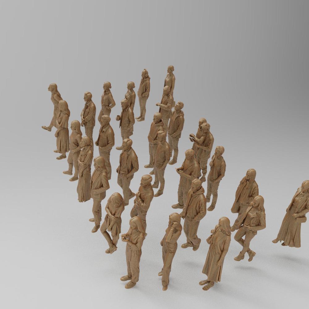 Set of 30 unpainted terracotta-colored 3D printed miniature figures of standing passengers for model railway dioramas.