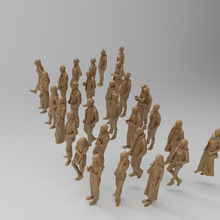 Set of 30 unpainted terracotta-colored 3D printed miniature figures of standing passengers for model railway dioramas.