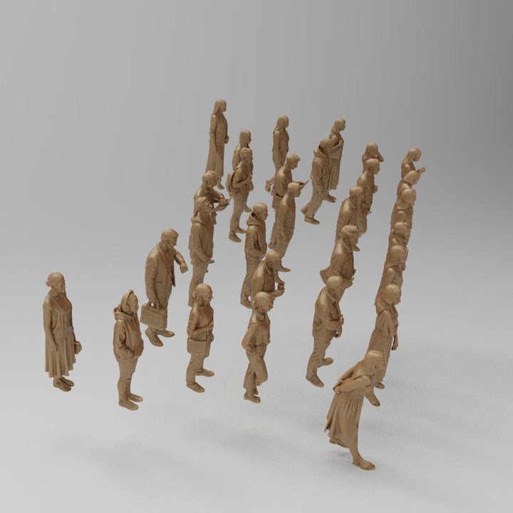 Set of 30 unpainted terracotta-colored 3D printed miniature standing passengers for model railway dioramas.