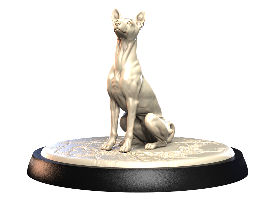 Unpainted 3D printed resin Basenji dog figurine in a sitting pose on a textured circular display base.