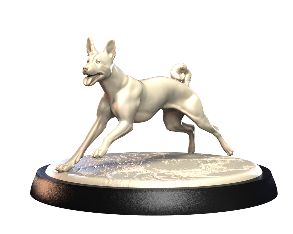 Unpainted 3D printed resin model of a running Basenji dog on a textured circular base, isolated on white.