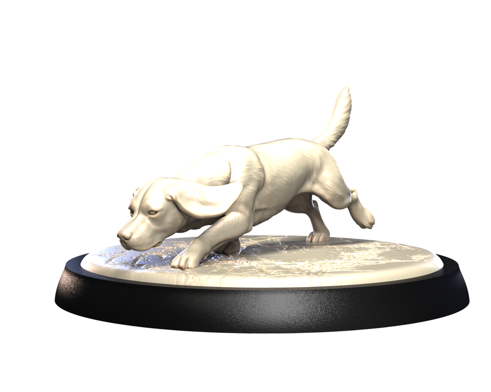 Unpainted 3D printed resin beagle miniature in a running pose on a textured circular display base.