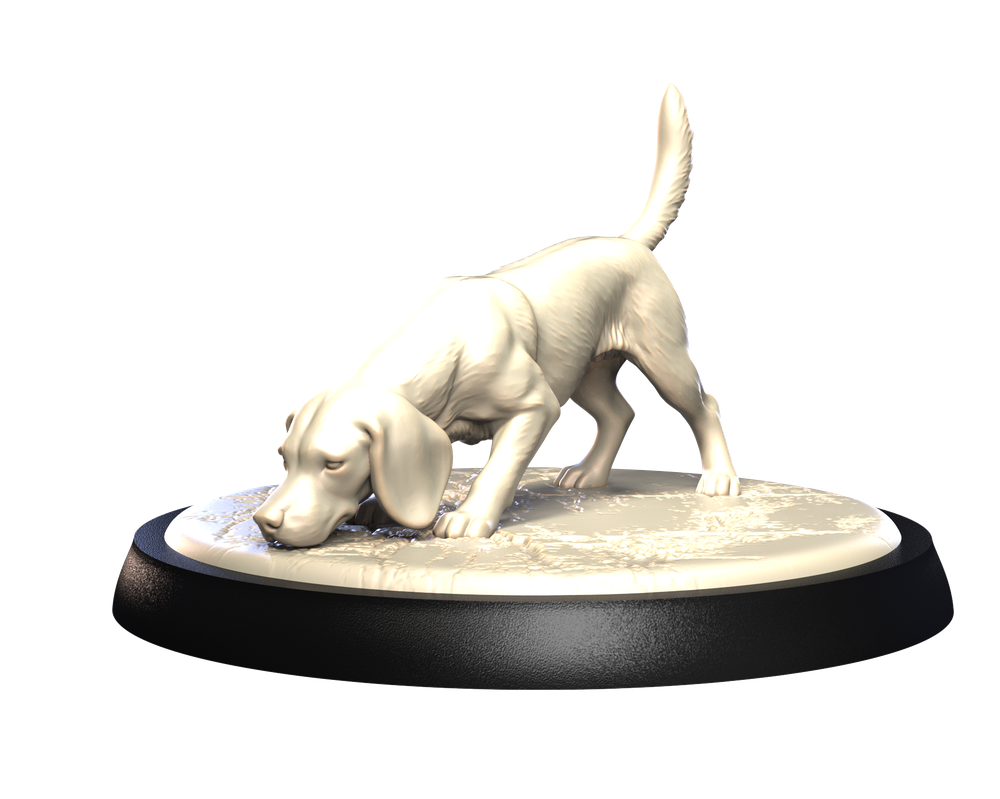 Unpainted 3D printed resin Beagle miniature in a sniffing pose on a textured circular base for dioramas.