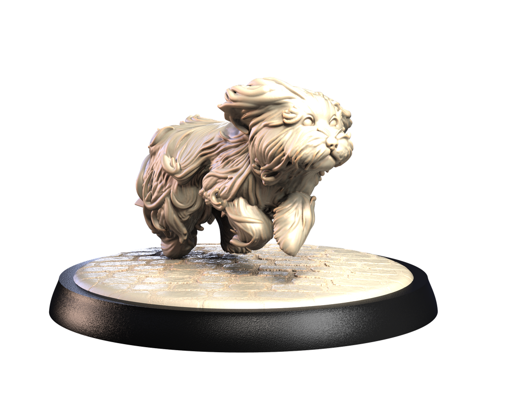 Unpainted 3D printed resin miniature of a running Bearded Collie on a textured cobblestone display base.