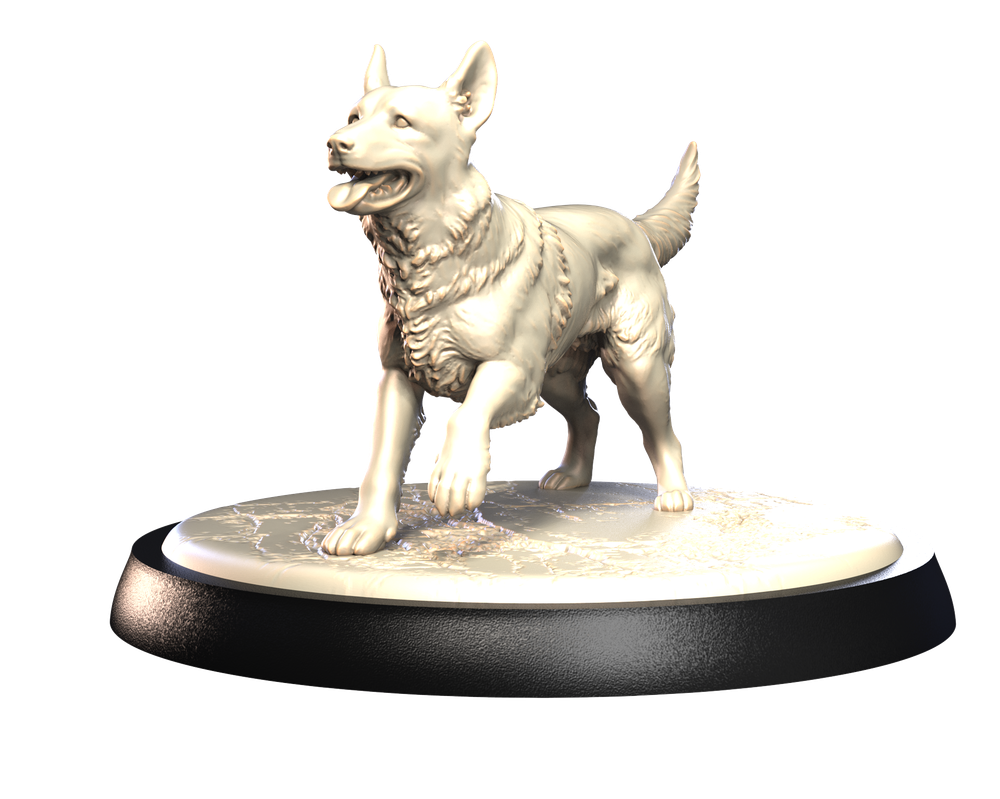 Unpainted 3D printed resin Belgian Malinois dog miniature standing on a textured circular display base.