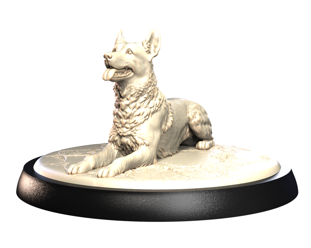 Unpainted 3D printed resin miniature of a Belgian Malinois dog lying down on a textured circular display base.