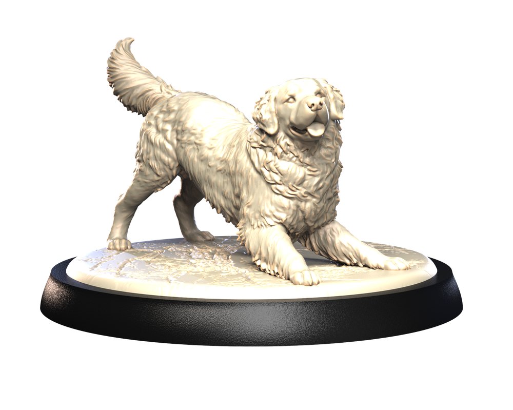 Unpainted 3D printed resin model of a Bernese Mountain Dog in a play bow pose on a round display base.