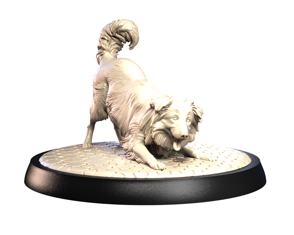 Unpainted 3D printed resin miniature of a Border Collie in a play bow pose on a textured cobblestone display base.