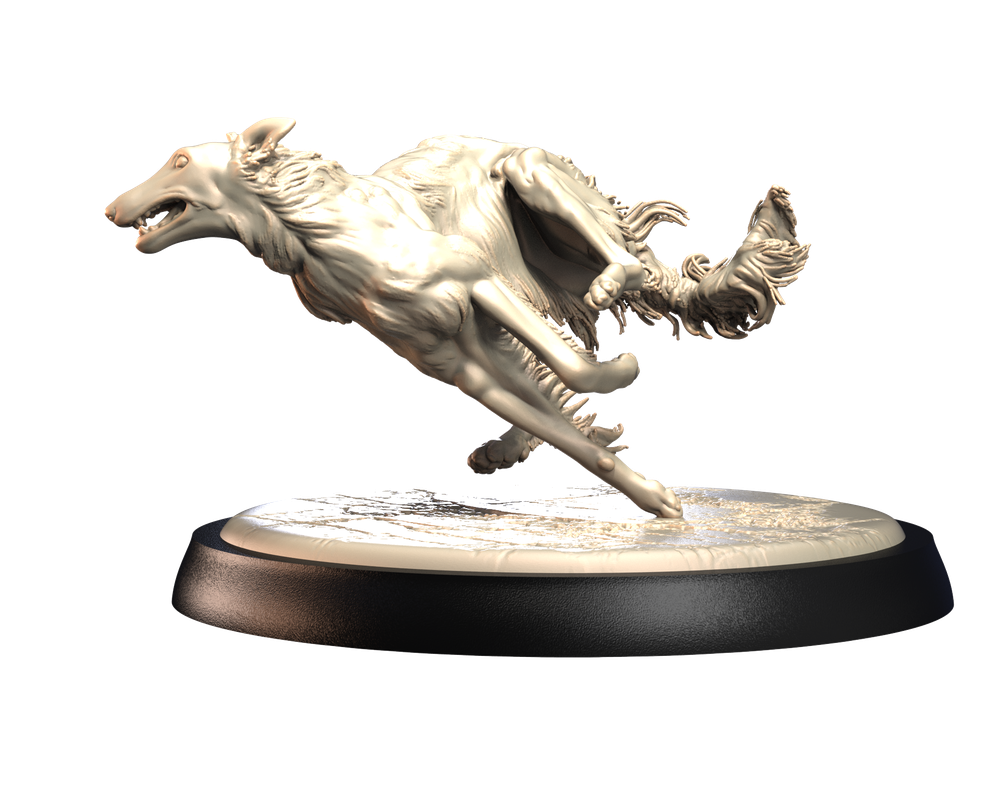 Unpainted 3D printed Borzoi dog miniature in a running pose on a round display base, cream-colored resin finish.