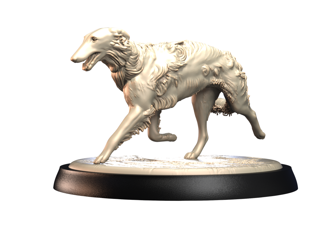 Unpainted 3D printed resin miniature of a running Borzoi dog on a circular black display base.
