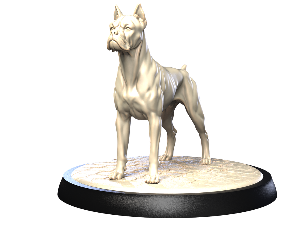 Unpainted 3D printed resin Boxer dog figurine standing on a textured circular base, ideal for dioramas and hobbyists.